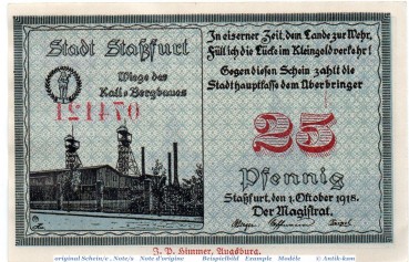 Notgeld der Stadt Staßfurt , 25 Pfennig Schein in kfr. 7085.15.01 , von 1918 , Sachsen Anhalt Verkehrsausgabe