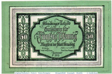 Notgeld der Stadt Straubing , 50 Pfennig Schein in kfr. 7128.05.50 , von 1919 , Bayern Verkehrsausgabe