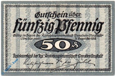 Notgeld Dresden Neustadt , 50 Pfennig Schein , Tieste 1500.15.01 , Sachsen Verkehrsausgabe