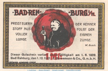 Preview: Notgeld E. Bornemann & Co. Rehburg 1106.1 , 100 Pfennig Schein Nr.2 in kfr. von 1921 , Niedersachsen Seriennotgeld