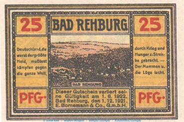 Preview: Notgeld E. Bornemann & Co. Rehburg 1106.1 , 25 Pfennig Schein Nr.1 in kfr. von 1921 , Niedersachsen Seriennotgeld