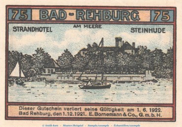 Preview: Notgeld E. Bornemann & Co. Rehburg 1106.1 , 75 Pfennig Schein Nr.2 in kfr. von 1921 , Niedersachsen Seriennotgeld
