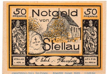 Preview: Notgeld Ehrk und Hornfelder Stellau 1264.1.b , 50 Pfennig Nr 2 , in kfr. von 1921 , Schleswig Holstein Seriennotgeld