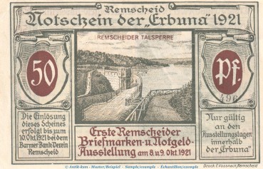 Notgeld Erbuna Remscheid 1116.1.a , 50 Pfennig Schein Nr.2 in kfr. von 1921 , Westfalen Seriennotgeld