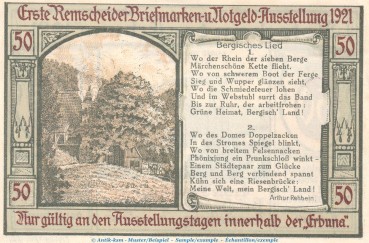 Preview: Notgeld Erbuna Remscheid 1116.1.b , 50 Pfennig Nr.1 -o. Druck- in kfr. von 1921 , Westfalen Seriennotgeld
