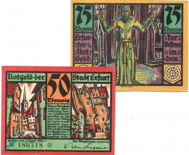 Notgeld Stadt Erfurt 344.5 , Set mit 2 Scheinen in kfr. von 1921 , Thüringen Serien Notgeld