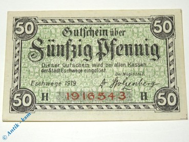 Eschwege , Notgeld 50 Pfennig Schein unc-kfr. Ti.1785.05.20 , Hessen 1919 Verkehrsausgabe
