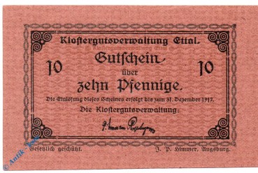 Notgeld Klostergut Ettal 1810.05.36 , 10 Pfennig Schein in kfr. o.D. Bayern Verkehrsausgabe