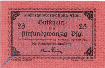 Notgeld Klostergut Ettal 1810.05.37 , 25 Pfennig Schein in kfr. o.D. Bayern Verkehrsausgabe