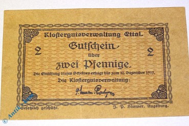 Notgeld Ettal , 2 Pfennig Schein geflecktes Papier , Tieste 1810.05.16 , Bayern Verkehrsausgabe