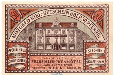 Notgeld F. Maedickes Hotel Kiel 697.1 , 50 Pfennig Schein in kfr. o.D. Schleswig Holstein Seriennotgeld