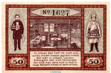 Preview: Notgeld F. Maedickes Hotel Kiel 697.1 , 50 Pfennig Schein in kfr. o.D. Schleswig Holstein Seriennotgeld