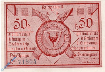 Notgeld Füssen , 50 Pfennig Schein , ohne Wz , Tieste 2085.05.20 , von 1918 , Bayern Verkehrsausgabe