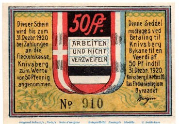 Preview: Notgeld Flecken Knivsberg 711.1.a , 50 Pfennig Schein in kfr. von 1920 , Schleswig Holstein Seriennotgeld