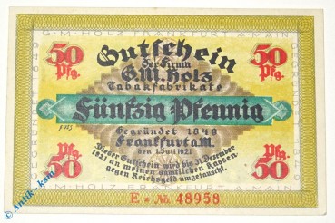 Notgeld Frankfurt , G. M. Holz , 50 Pfennig Schein E , Wolfseck , Mehl Grabowski 374.1 , von 1921 , Hessen Serien Notgeld