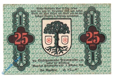 Notgeld Freienwalde , 25 Pfennig Schein , o. Drfa , Tieste 1970.05.10 , von 1918 , Brandenburg Verkehrsausgabe