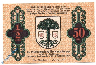 Notgeld Freienwalde , 50 Pfennig Schein , o. Drfa , Tieste 1970.05.11 , von 1918 , Brandenburg Verkehrsausgabe