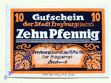 Notgeld Freyburg , Fehldruck , Provinz Sachsen , Einzelschein über 10 und 5 Pfennig , Verkehrsausgabe , Tieste 1980.05 , von 1920