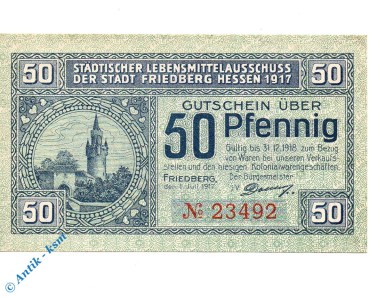 Notgeld Friedberg , 50 Pfennig Schein , Donner , Tieste 1995.10.01 , von 1917 , Hessen Verkehrsausgabe