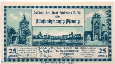 Notgeld Friedeberg , 25 Pfennig Schein in kfr. Tieste 2000.05.02 , von 1920 , Brandenburg Verkehrsausgabe