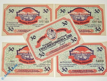 Notgeld Friedrichroda , Set mit 5 x 30 Pfennig , Mehl Grabowski 393.1 a , Thüringen Seriennotgeld
