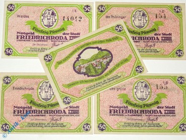 Notgeld Friedrichroda , Set mit 5 x 50 Pfennig , Mehl Grabowski 393.1 a , Thüringen Seriennotgeld