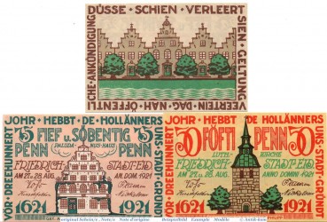 Notgeld Friedrichstadt , Set mit 3 Scheinen in kfr. Mehl Grabowski 395.1 , von 1921 , Schleswig Holstein Seriennotgeld