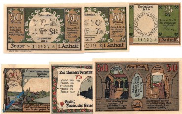Notgeld Frose , Set mit 6 Scheinen in kfr. braun , Mehl Grabowski 398.3 , Sachsen Anhalt Seriennotgeld