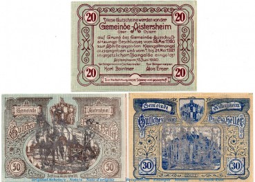 Notgeld Gemeinde Aistersheim , S.15.II Pflüger Silber , Set mit 3 Scheinen in kfr. von 1920 , Oberösterreich
