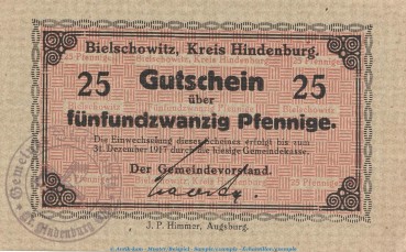 Notgeld Gemeinde Bielschowitz 0625.05.05 , 25 Pfennig Schein in kfr. o.D. Oberschlesien Verkehrsausgabe