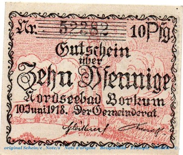 Notgeld Gemeinde Borkum 0845.05.06 , 10 Pfennig Schein in kfr. von 1918 , Niedersachsen Verkehrsausgabe