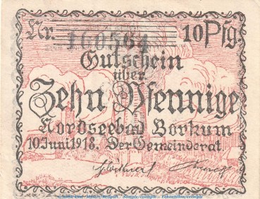 Notgeld Borkum , 10 Pfennig Schein , Tieste 0845.05.11 , von 1918 , Niedersachsen Verkehrsausgabe
