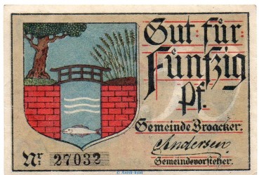 Notgeld Gemeinde Broacker 0945.10.15 , 50 Pfennig -Marmor- von 1918 , Dänisch Nordschleswig Verkehrsausgabe