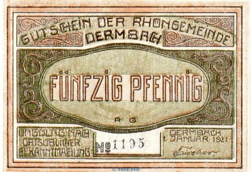 Notgeld Gemeinde Dermbach 264.1.b , 50 Pfennig Kn 4,5 mm in kfr. von 1921 , Thüringen Seriennotgeld
