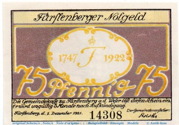 Notgeld Gemeinde Fürstenberg 401.1 , 75 Pfennig Schein in kfr. von 1921 , Niedersachsen Seriennotgeld