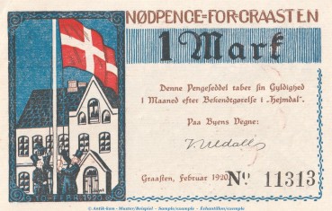 Notgeld Gemeinde Gravenstein 466.3.k , 1 Mark Schein in kfr. von 1920 , dänisch Nordschleswig Seriennotgeld