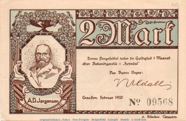 Notgeld Gemeinde Gravenstein 466.4.c , 2 Mark sämisch in kfr. von 1920 , dänisch Nordschleswig Seriennotgeld 