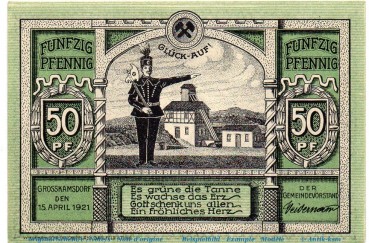 Notgeld Gemeinde Großkamsdorf 483.1 , 50 Pfennig Schein in kfr. von 1921 , Thüringen Seriennotgeld