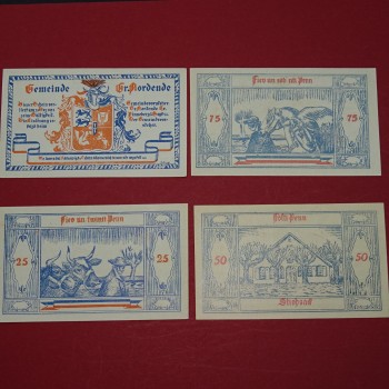 Notgeld Gemeinde Groß Nordende , Schleswig Holstein , Papier sämisch , kompletter Satz mit 4 Scheinen in kassenfrischer Erhaltung , Seriennotgeld