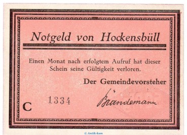 Notgeld Gemeinde Hockensbüll 614.1.a , 50 Pfennig -C- mit Kn. in kfr. o.D. Schleswig Holstein Seriennotgeld