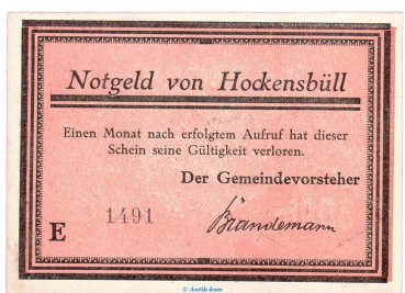 Notgeld Gemeinde Hockensbüll 614.1.a , 50 Pfennig rosa -E- mit Kn. in kfr. o.D. Schleswig Holstein Seriennotgeld