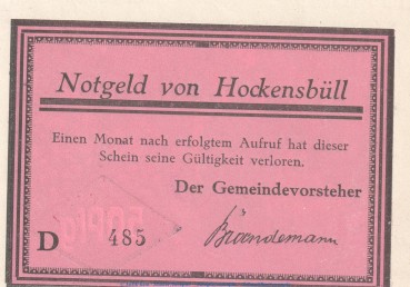 Notgeld Gemeinde Hockensbüll 614.2.a , 50 Pfennig D --Mit Kn-- in kfr. o.D. Schleswig Holstein Seriennotgeld