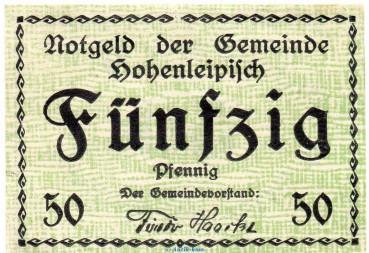 Notgeld Gemeinde Hohenleipisch 3080.05.07 , 50 Pfennig Schein in kfr. o.D. Brandenburg Verkehrsausgabe