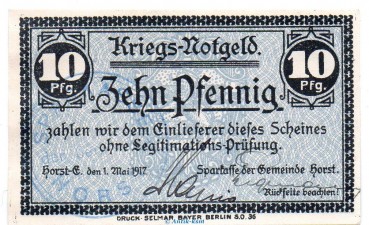 Notgeld Gemeinde Horst-Emscher 3150.05.01 , 10 Pfennig Schein in kfr. von 1917 Westfalen Verkehrsausgabe