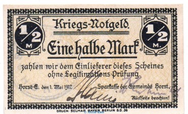 Notgeld Gemeinde Horst-Emscher 3150.05.02 , 1 halbe Mark Schein in kfr. von 1917 Westfalen Verkehrsausgabe