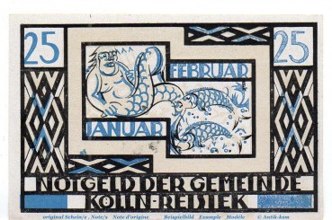 Notgeld Gemeinde Kölln Reisiek 715.1 , 25 Pfennig Schein Nr 1 in kfr. o.D. Schleswig Holstein Seriennotgeld