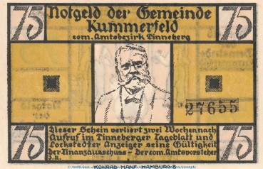 Preview: Notgeld Gemeinde Kummerfeld 749.4.a , 75 Pfennig Schein Nr.2 in kfr. o.D. Schleswig Holstein Seriennotgeld