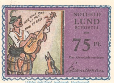 Preview: Notgeld Gemeinde Lund-Schobüll 844.1.b , 75 Pfennig -altrosa- in kfr. o.D. Schleswig Holstein Seriennotgeld
