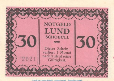 Notgeld Gemeinde Lund-Schobüll 844.2.a , 30 Pfennig -Mit Kennummer- in kfr. o.D. Schleswig Holstein Seriennotgeld