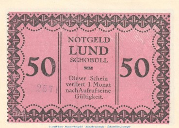 Notgeld Gemeinde Lund-Schobüll 844.2.a , 50 Pfennig -Mit Kennummer- in kfr. o.D. Schleswig Holstein Seriennotgeld